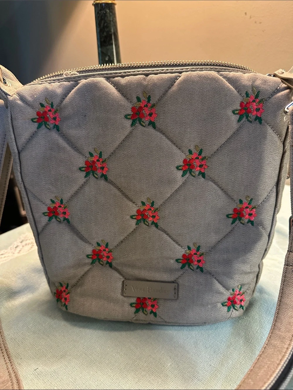 Vera Bradley Quilted Crossbody Bag in Light Gray with Floral Embroidery